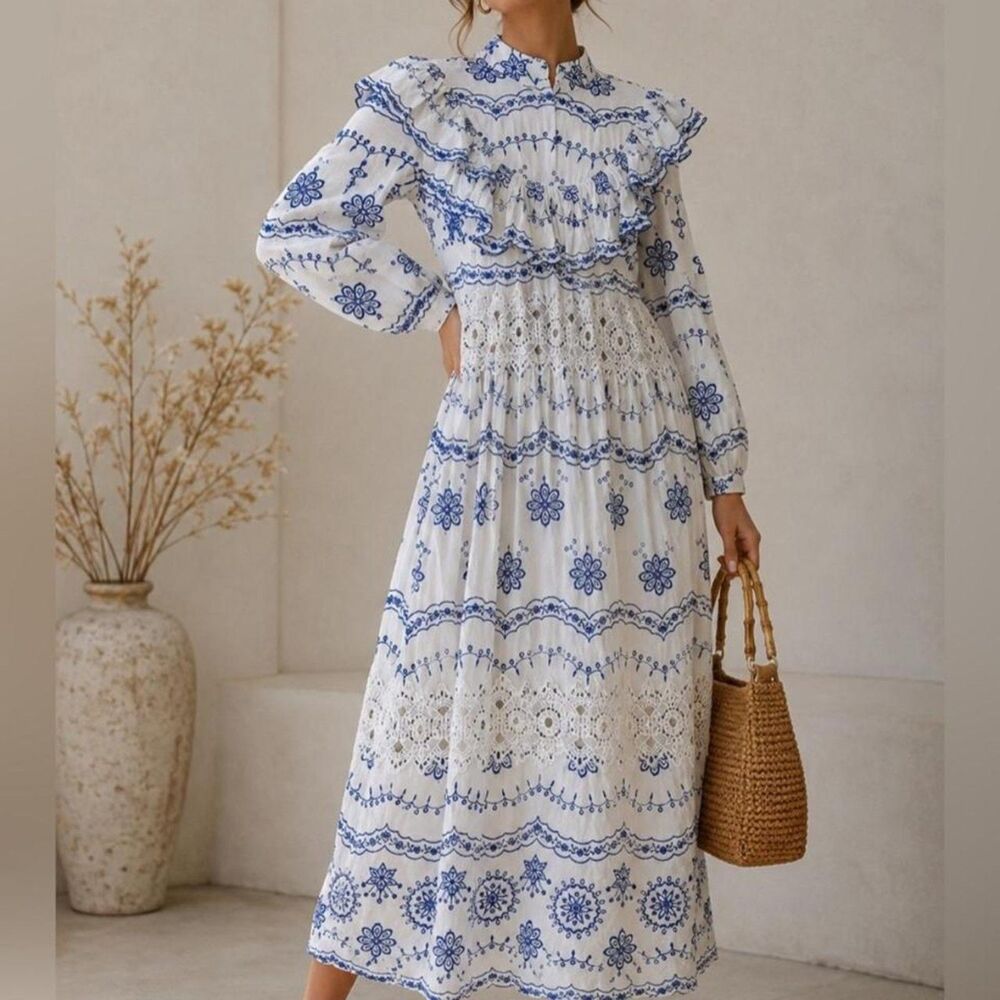 ASOS DESIGN White Blue Embroidered TieredDress US 4